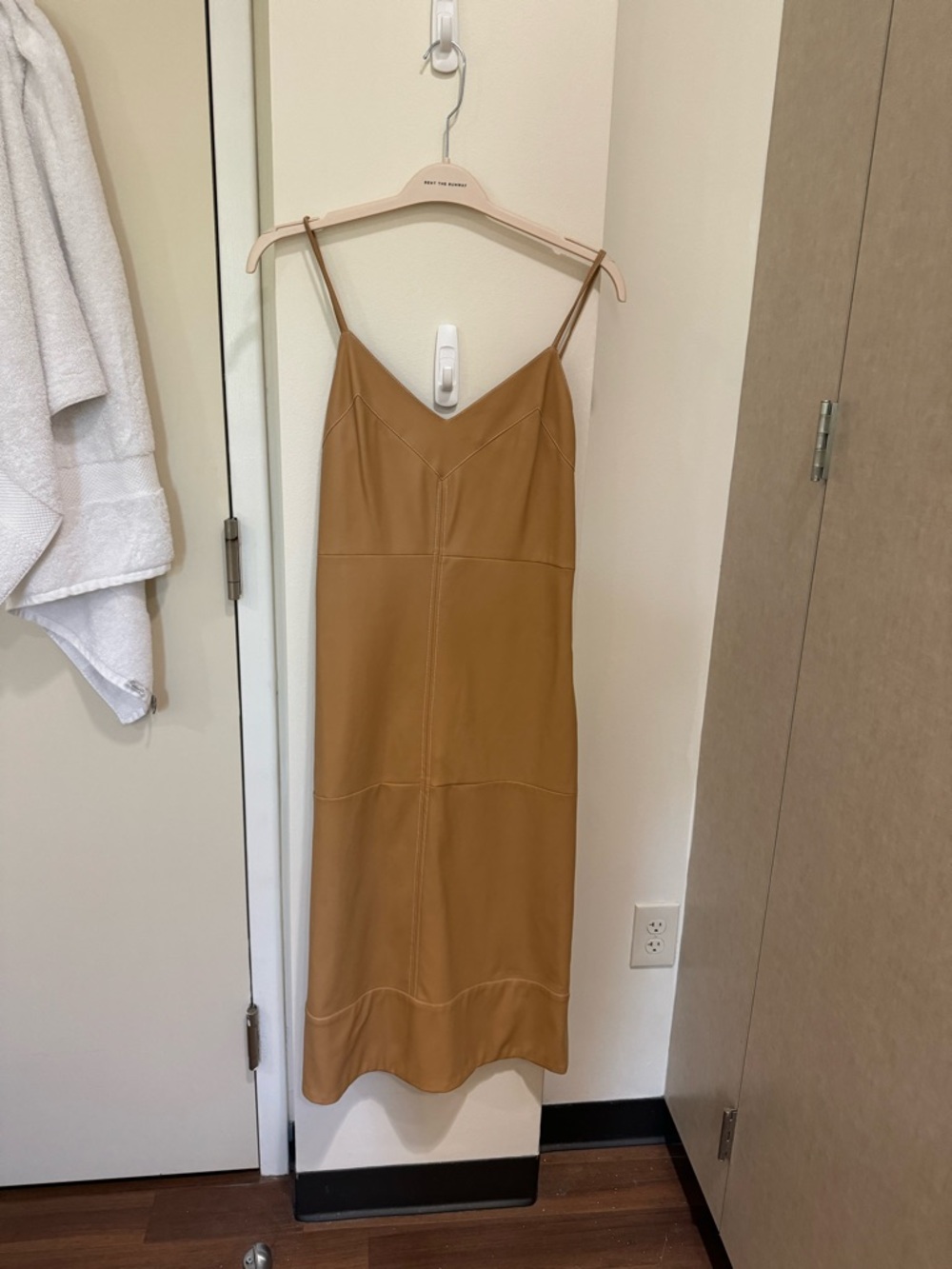 STAUD Camel Spaghetti-Strap Midi Slip Dress